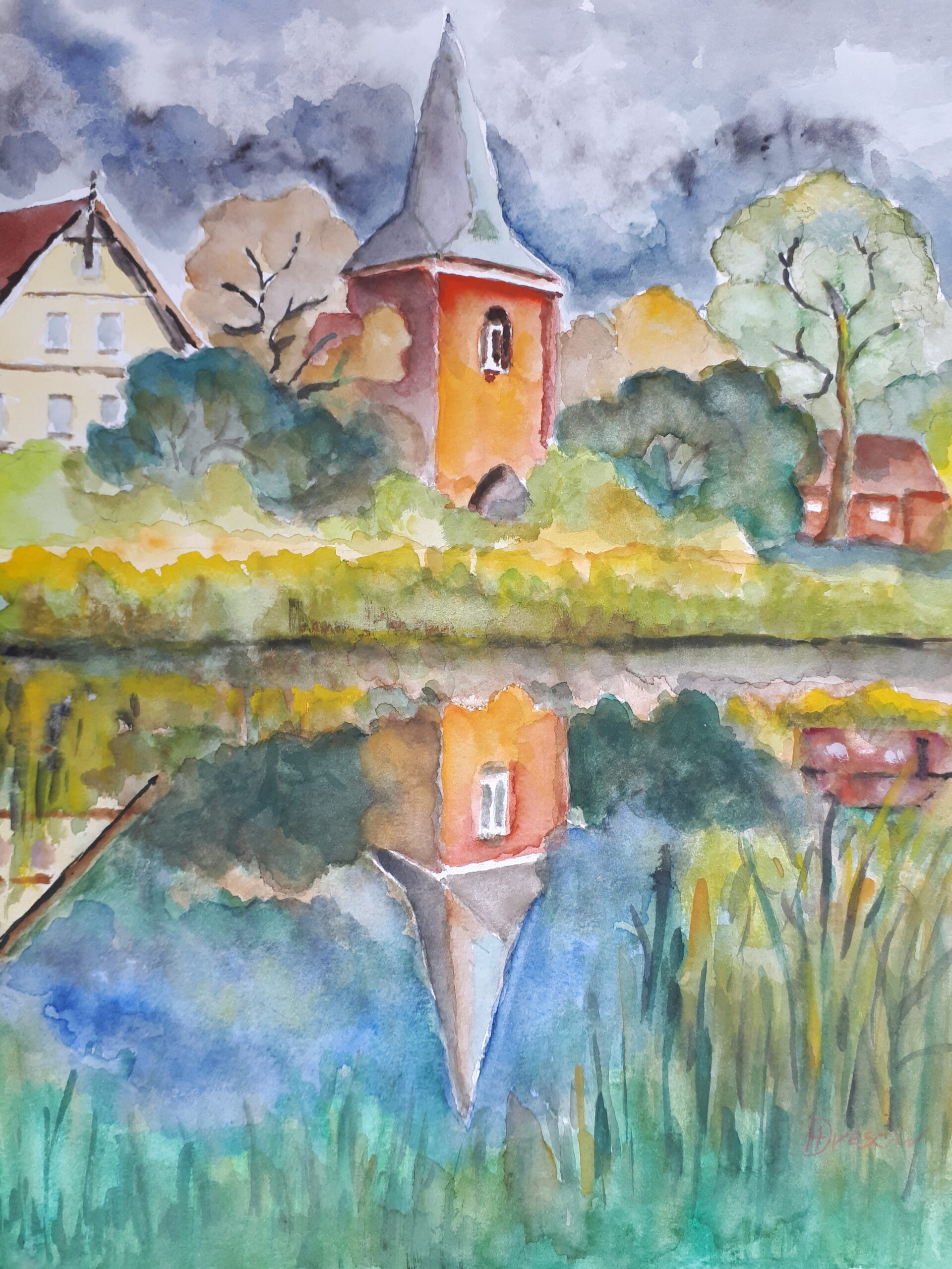 Kirche mit Pastorat, Aquarell von Helga Dresow